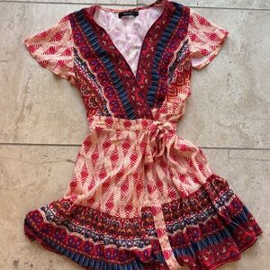 Multi-Color Patterned Wrap Dress- Size Small